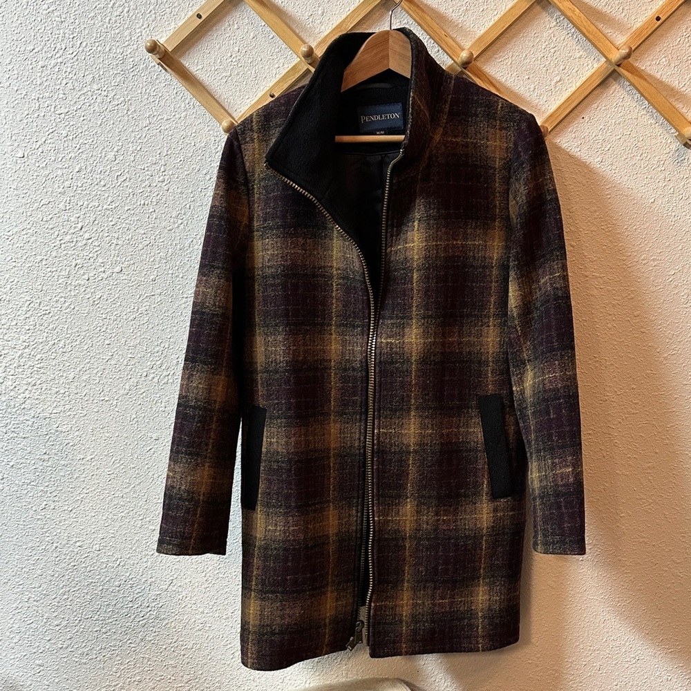 Pendleton Plaid Black and Brown Pea Coat - Picture 2 of 8